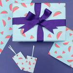 watermelon wrapping paper with matching watermelon gift tags and a watermelon birthday card