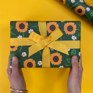 sunflower wrapping paper with yellow ribbon