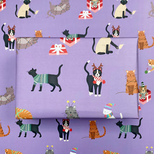 Christmas Cats gift wrap purple
