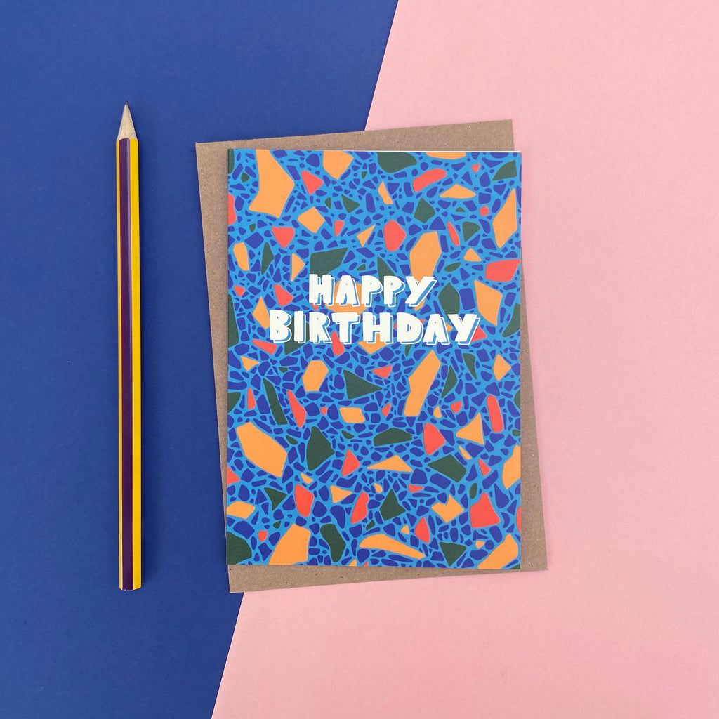 blue terrazzo birthday card