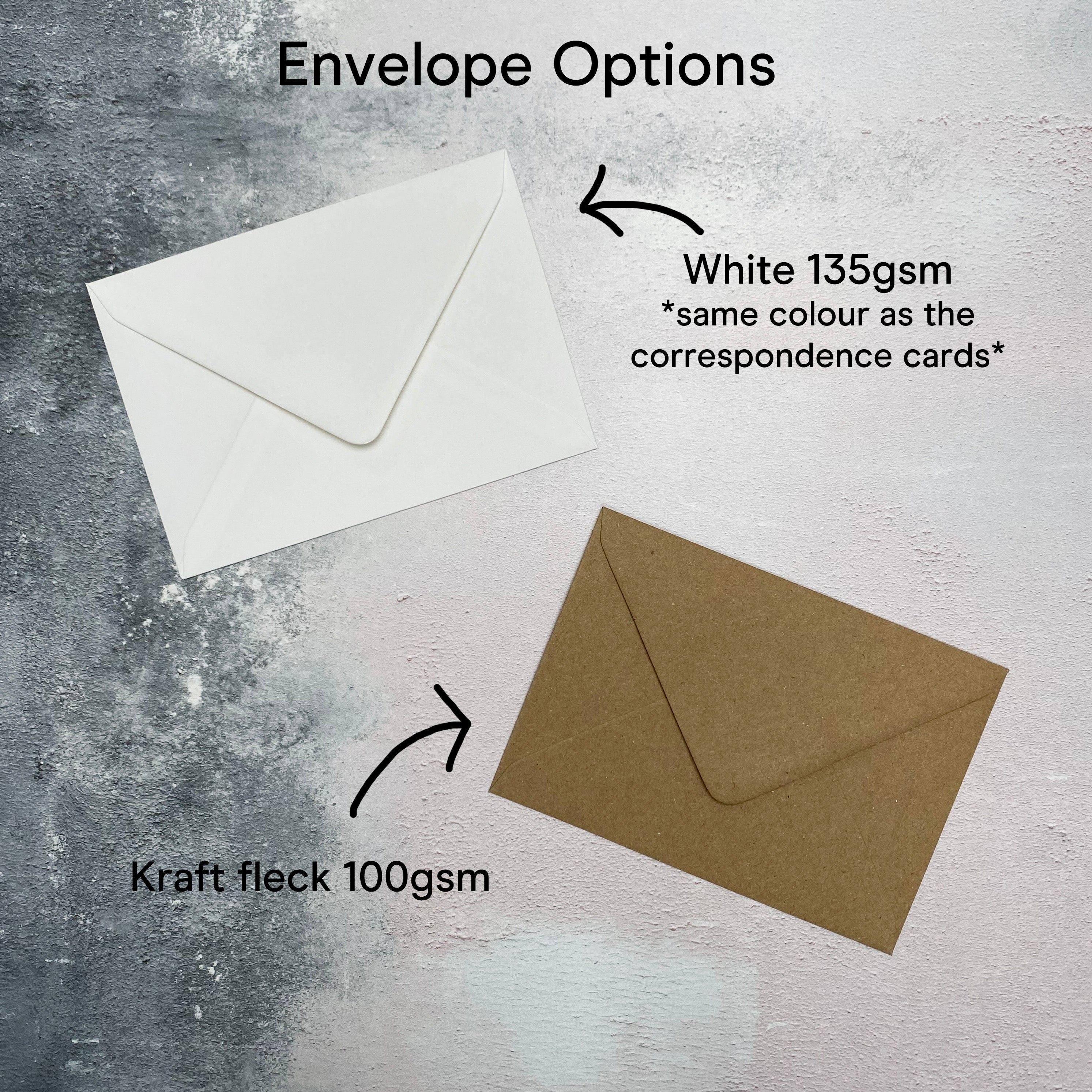 Two envelopes, one white and one kraft fleck, on a textured surface with text indicating weight and color options.