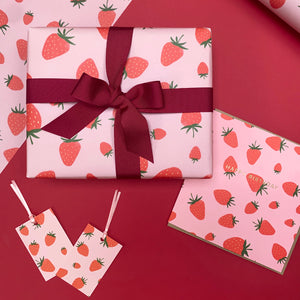 strawberry birthday card with matching strawberry gift wrap and strawberry gift tags