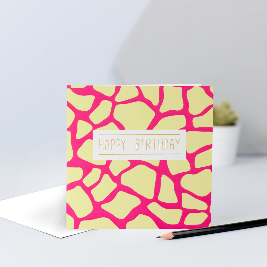 yellow and pink giraffe print birthday card