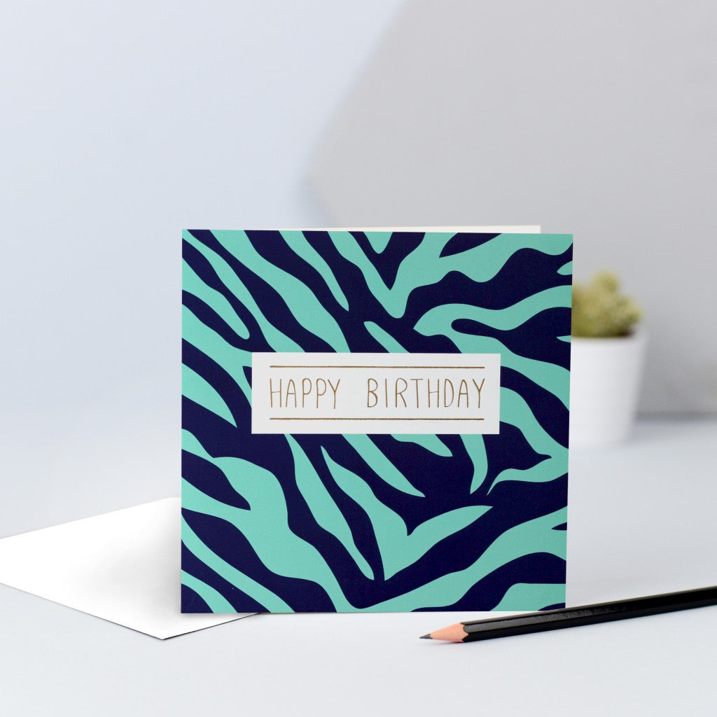 A green & navy zebra print birthday card