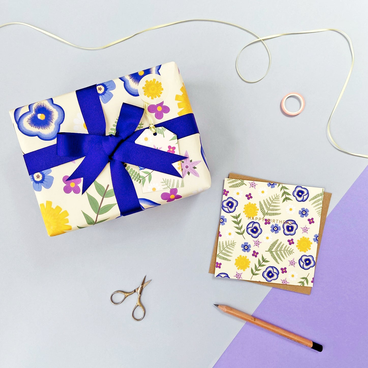 botanical birthday card with matching gift wrap and indigo ribbon bow