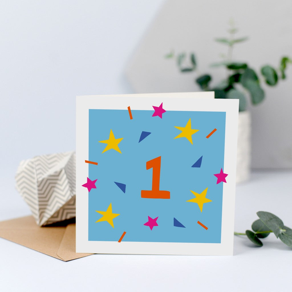 A colourful unisex first birthday card