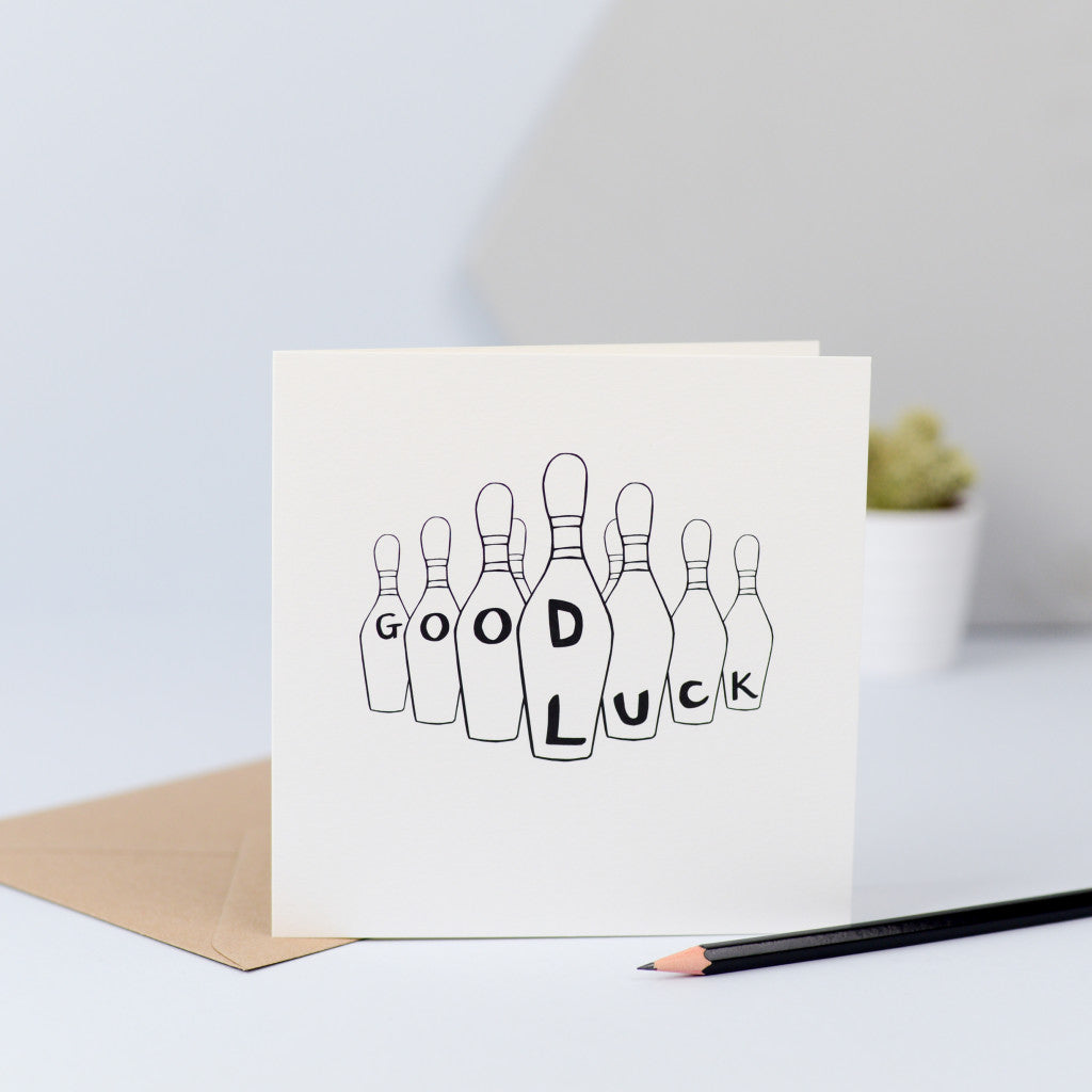 A good luck card with some skittles lined up spelling out the words "Good Luck"