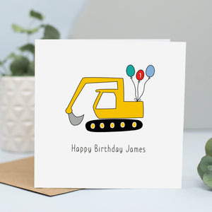 Personalised yellow digger birthday card for son