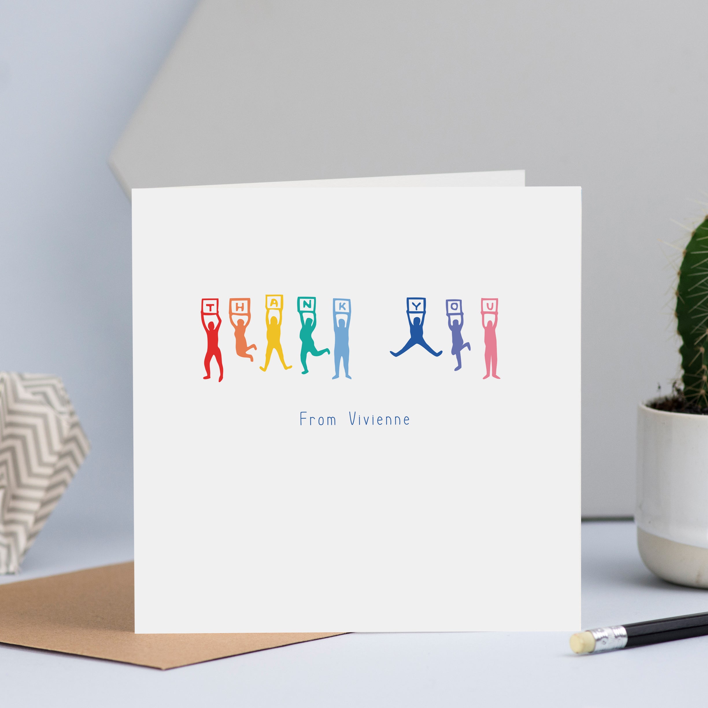 Gorgeous personalised thank you cards with a line of people jumping up and down holding signs to spell out the word "thank you".