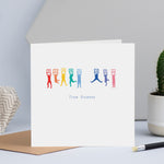 Gorgeous personalised thank you cards with a line of people jumping up and down holding signs to spell out the word "thank you".