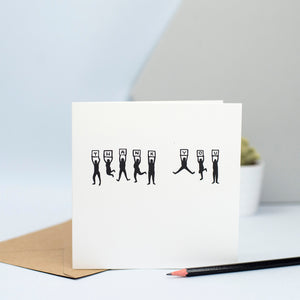 A thank you card with people jumping up and down holding plaques to spell out the words "Thank You"