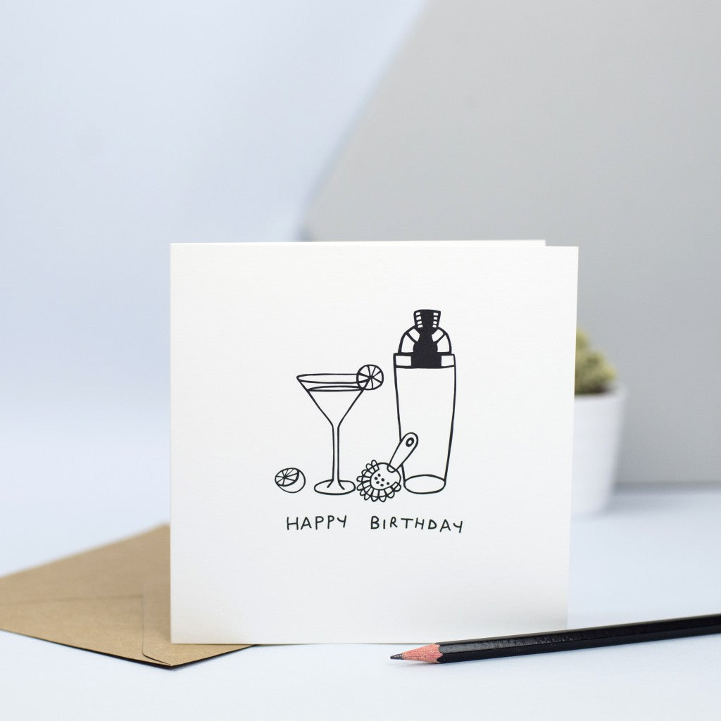 birthday card with an illustration of a cocktail shaker and a cocktail