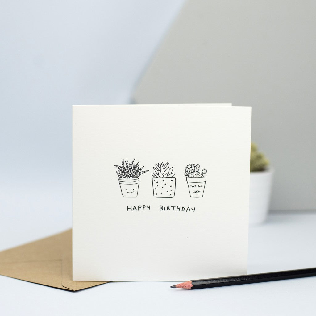 A sweet birthday card for a house plant lover with a hand drawn illustration of some potted plants.