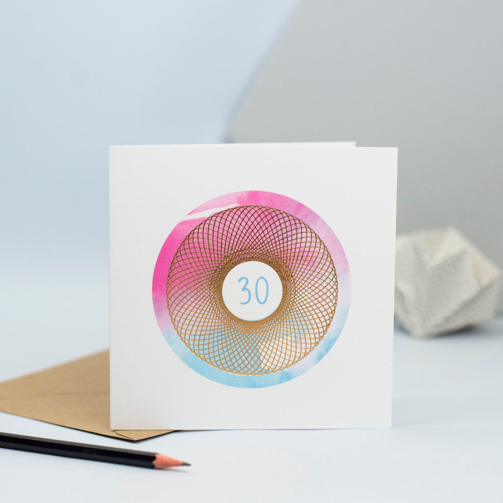 30th birthday card with blue and pink watercolour and foiled spirograph