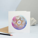 100th birthday card with a gold spirograph on a watercolour background