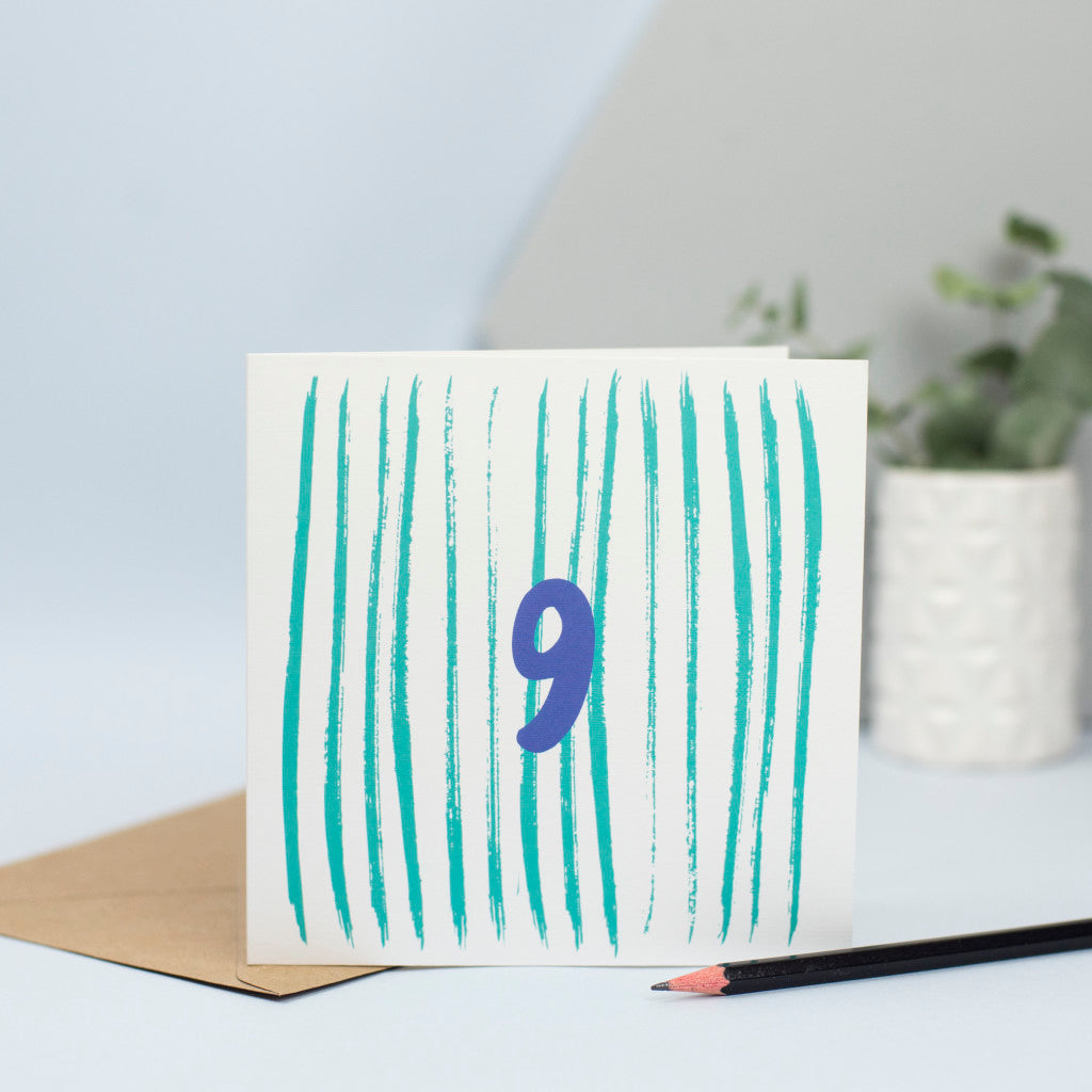 a unisex green and blue birthday card for a 9 year old