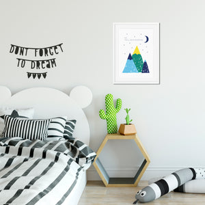 A beautiful design with three mountains and the moon and stars and the words "Kid, You'll move mountains"