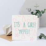 baby girl card with shapes and words