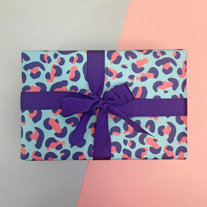 pink and blue leopard print gift wrap
