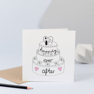 A wedding cake design with the words happily ever after.