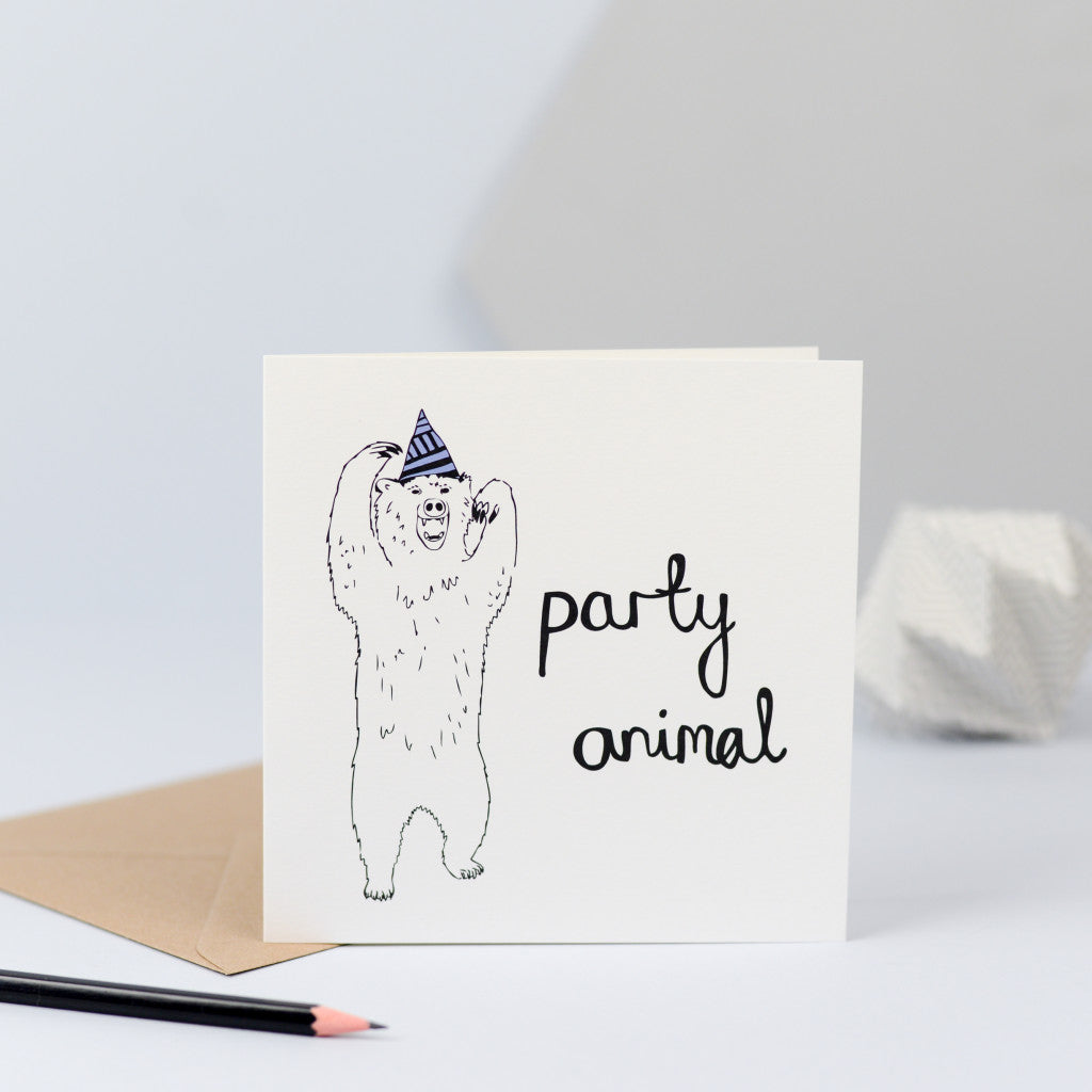 illustration of a dancing bear with a party hat on.