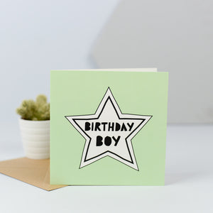 A cute simple card, perfect for the birthday boy with a simple white star on a green background and the words "Birthday boy" in the centre of the star.