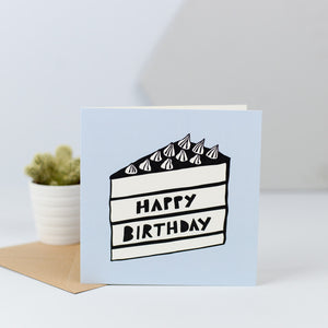 An illustration of a nice big slice of birthday cake on a baby blue background, perfect for the birthday girl or boy.