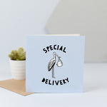 A hand drawn design featuring a stork carrying a new baby with the words "Special Delivery", perfect for the arrival of a baby boy.