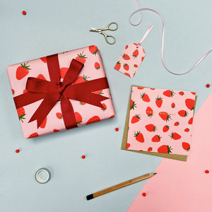 strawberry birthday card with matching wrapping paper and gift tag