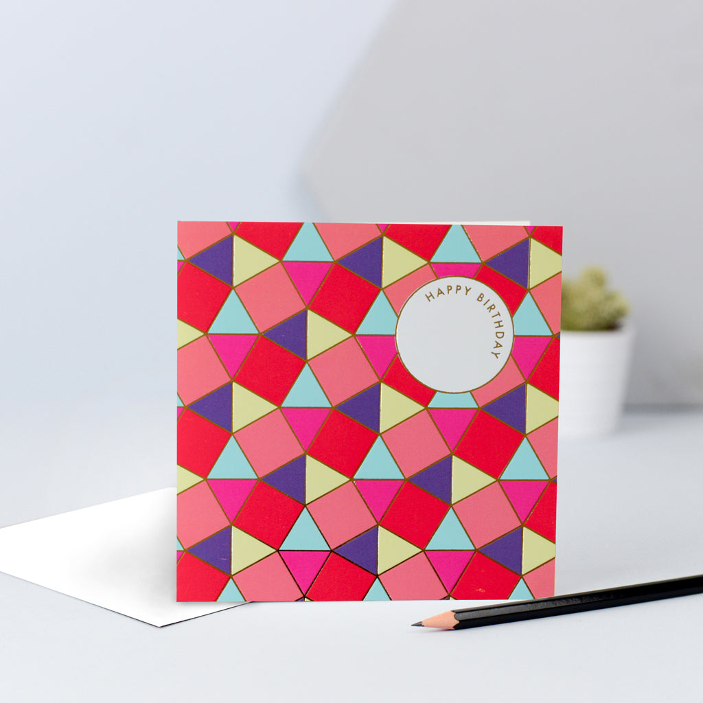 A tessellating birthday card with gorgeous bright colours and gold foil.