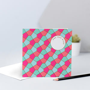 A beautiful tessellating pattern in peach, pink and mint and finished with gold foil.