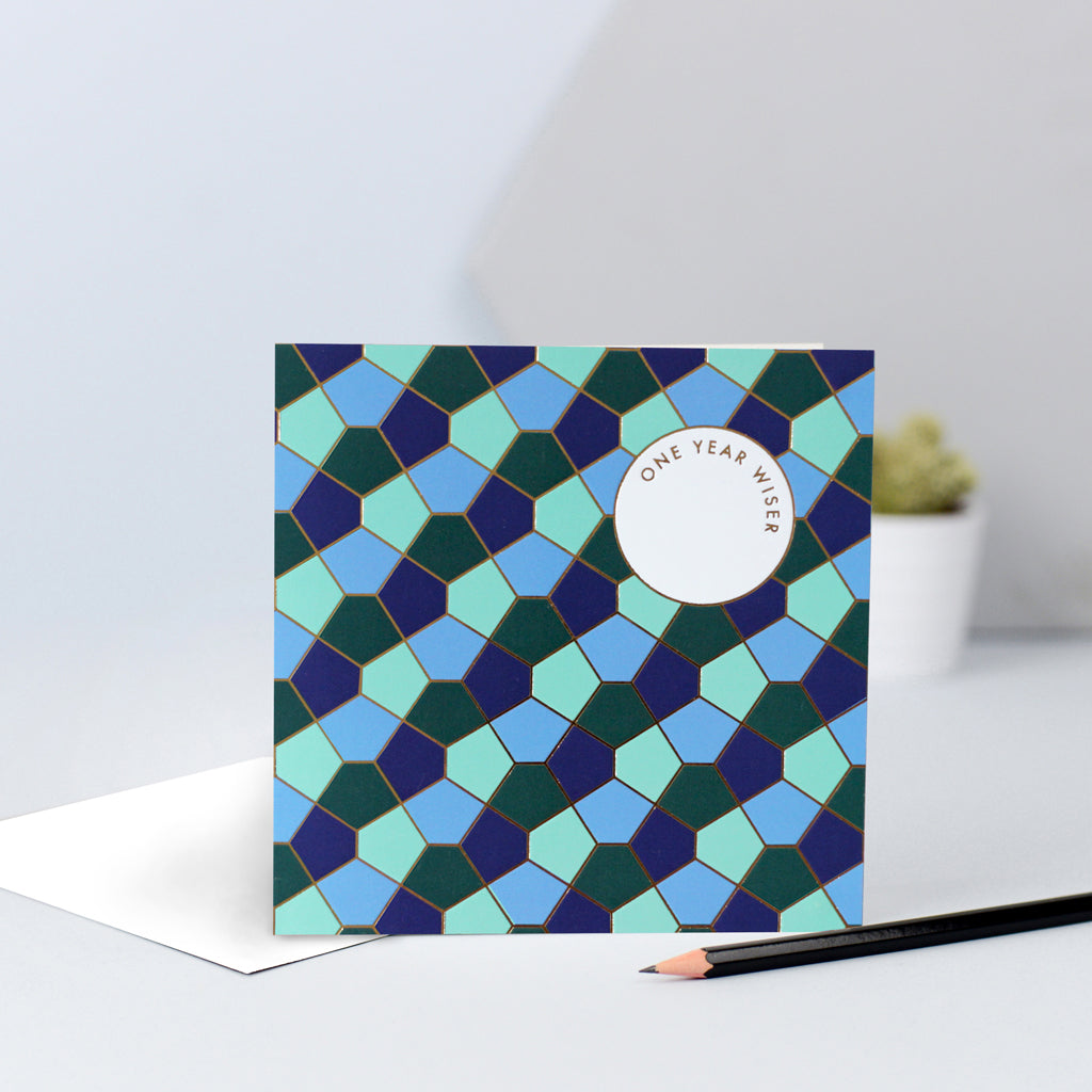 A sophisticated tessellating birthday card in blue and green.