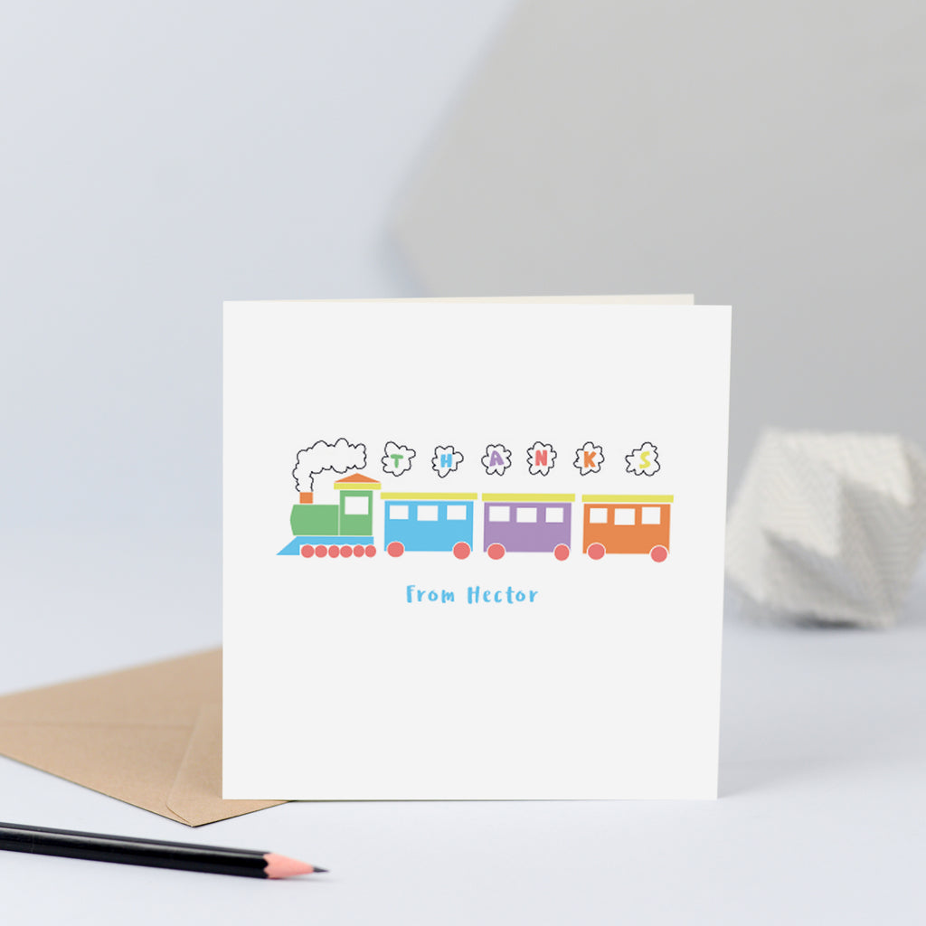 Delightful childrens personalised thank you cards with an illustration of a steam train with the word "Thanks" written in the smoke.