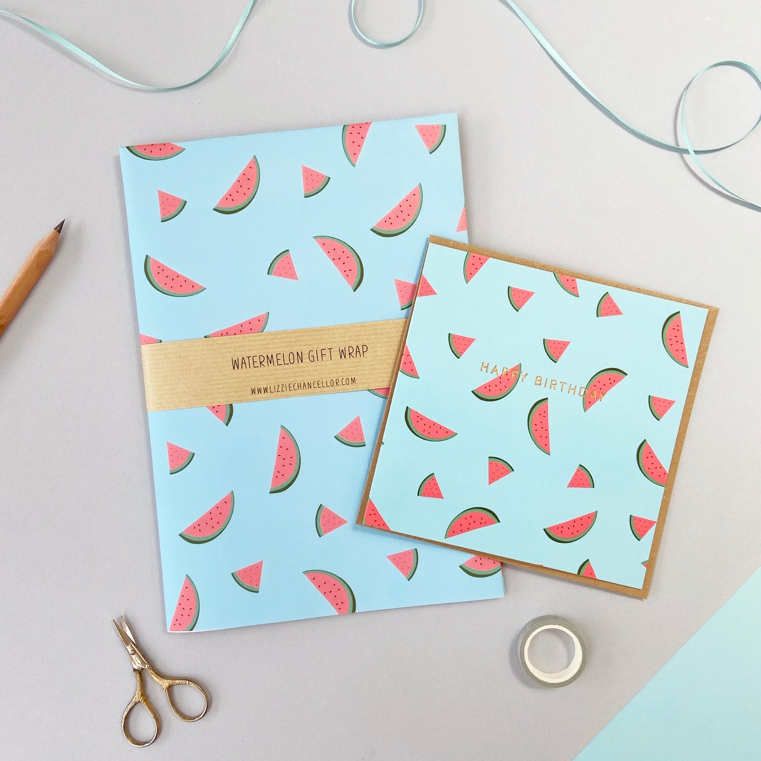 watermelon birthday card with matching watermelon gift wrap
