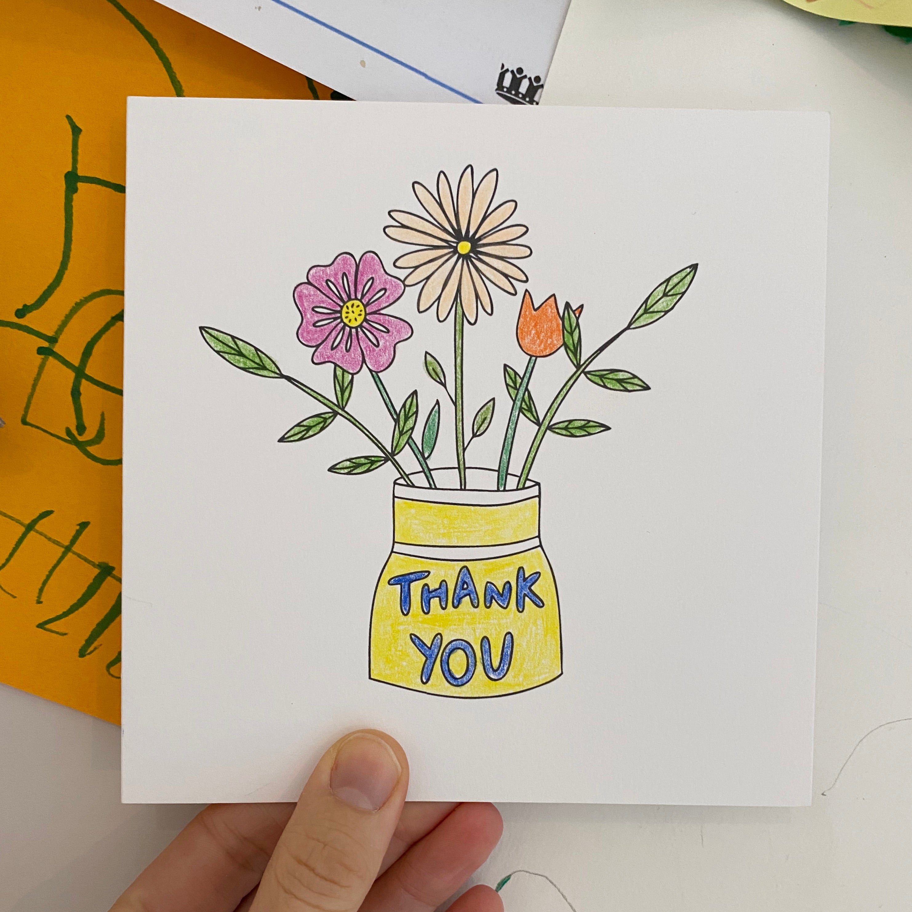 flower thank you card coloured in